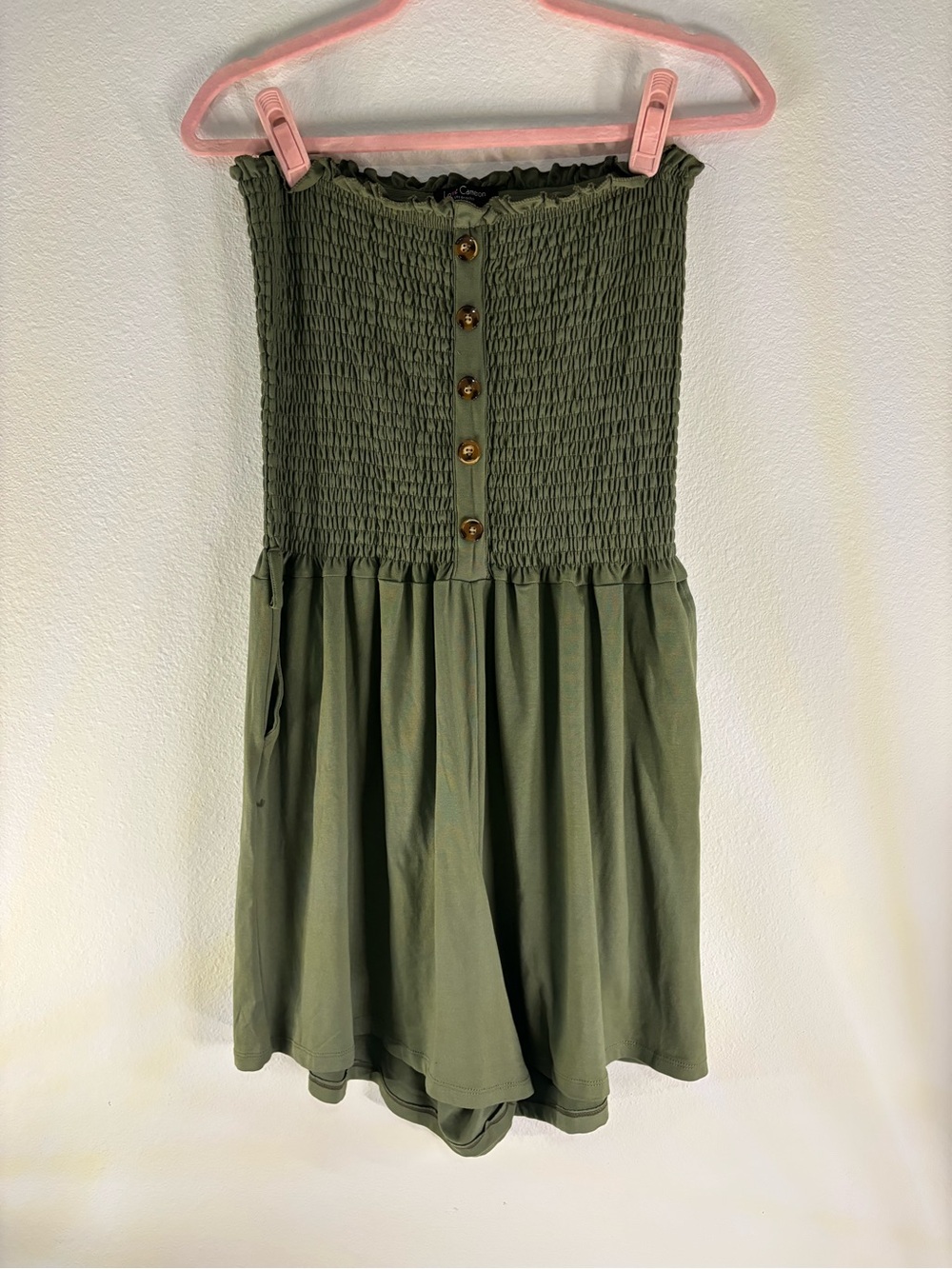Smocked Strapless Olive Green Romper with Button Front